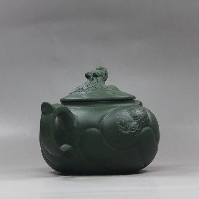 6.6” Collect Chinese Yixing Zisha Pottery Green Clay Handmade Fish Dragon Teapot