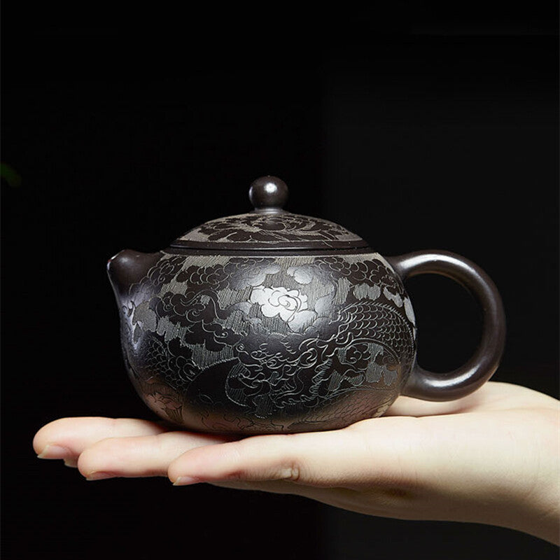 Handmade Tea Pot Dragon Carved Certificate Paper Master Pot Dragon Carved 9 Hole