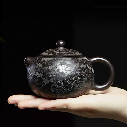 Handmade Tea Pot Dragon Carved Certificate Paper Master Pot Dragon Carved 9 Hole