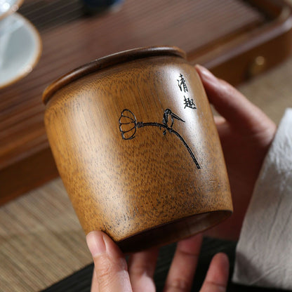 Bamboo Tea Canister 10.5cm Hand Carved Lotus Airtight Travel Caddy Jar
