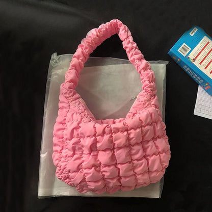 24cm Small Candy Colored Plaid Quilted Down Bag Pink Soft Shoulder Handbag Blue