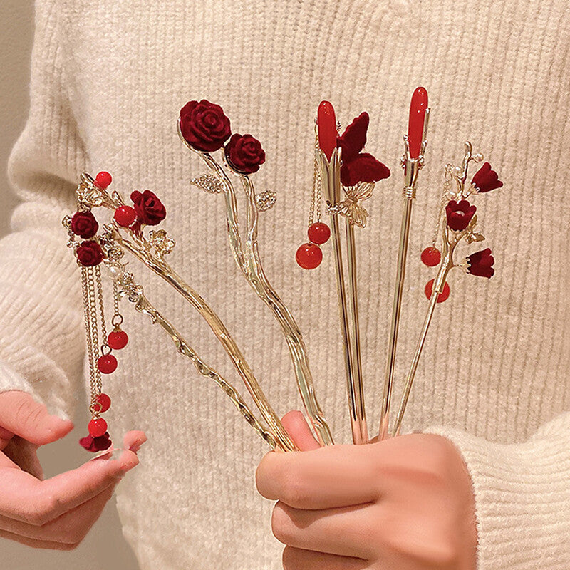 Retro Rose Hairpin For Women Chinese Style Tassel Hair Stick Pins Hair Clips