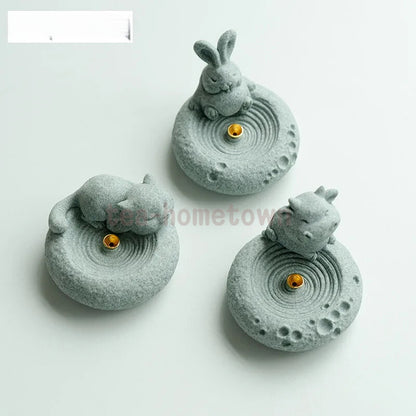 Green Sandstone Cute Cat Incense Holder Cute Rabbit Incense Burner Zen Decor