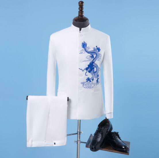 New Mens Chinese Embroidered Stand Collar Suit Slim Fit Jacket Pants Coat 2 Pcs