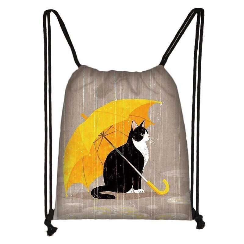 Black Cat Drawstring Bag Women Shopping Purse Canvas Travelling Bag Backpack 1PC