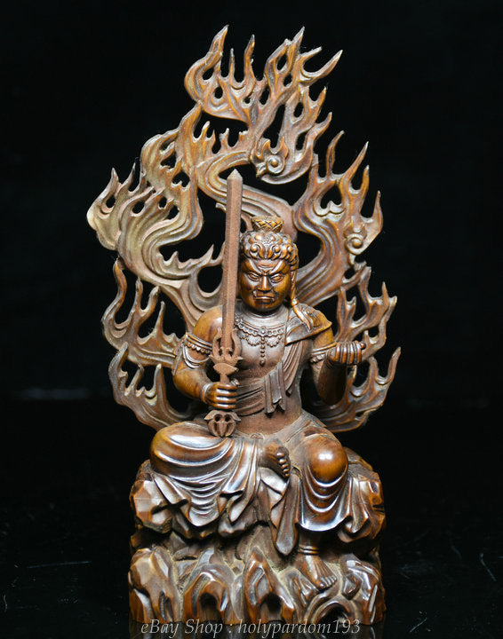7" Old China Boxwood Wood Carving Japanese Fudo Myo-o Acalanatha Sword Statue
