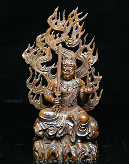 7" Old China Boxwood Wood Carving Japanese Fudo Myo-o Acalanatha Sword Statue