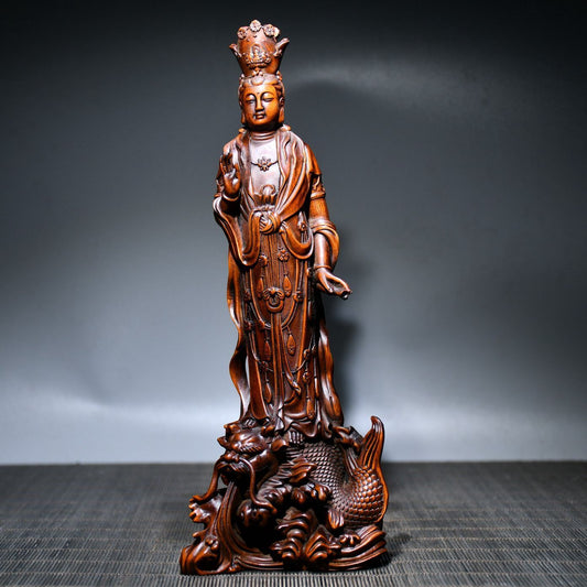 Vintage Wooden Carved Dragon Fish Kwan Yin Statue Wood Sculptures Decor Art Work