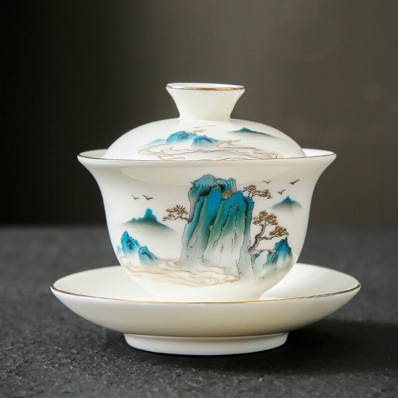 Chinese Tea Set Fat Mutton Jade Porcelain Gaiwan Pitcher Tea Cup Mountain Print