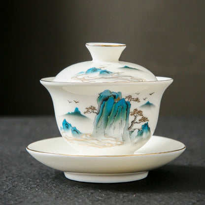 Chinese Tea Set Fat Mutton Jade Porcelain Gaiwan Pitcher Tea Cup Mountain Print
