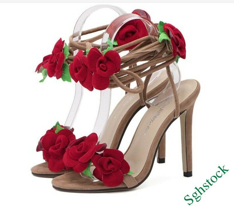 Summer Women's Open Toe Bandage Floral Retro Sandals Shoes Plus Size Stilettos #