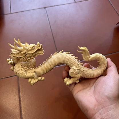Natural Boxwood Carved Dragon Statue Beast Feng Shui Home Office Decor