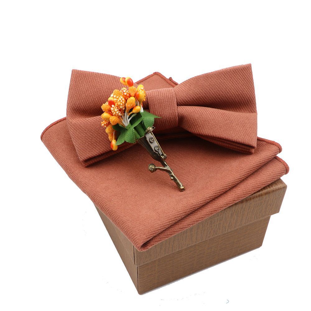 Men Bow Ties 3Pcs Cotton Handkerchief Flower Brooch Women Party Wedding Necktie