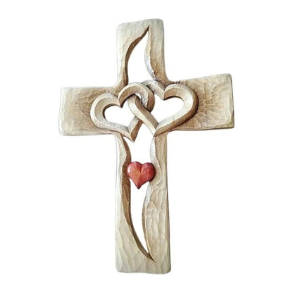 Carved Wood Cross Intertwined Hearts Christian Crucifix Religious Decors 16x23cm