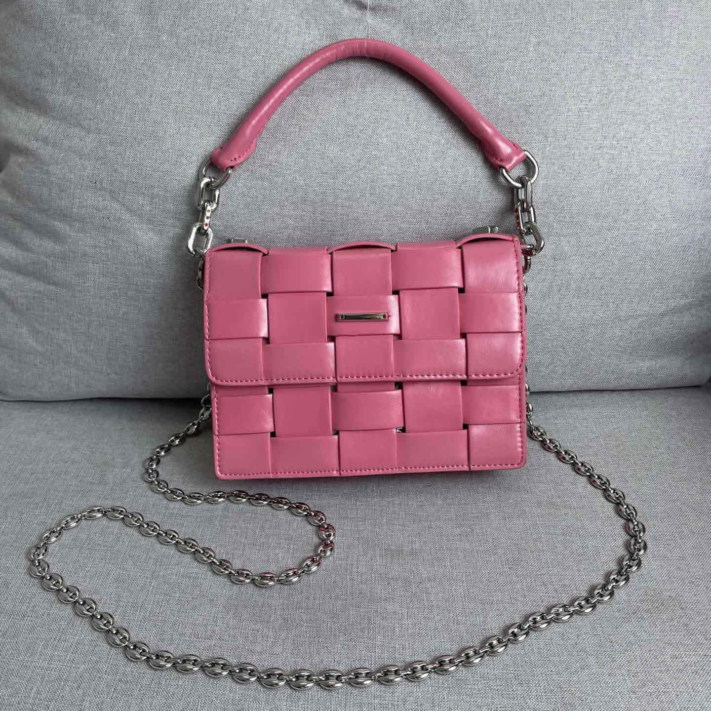 Woven Leather Small Flap Purse Chains Satchel Mini Tote Crossbody Shoulder Bag