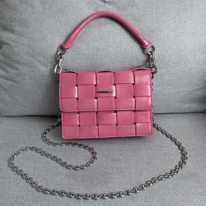 Woven Leather Small Flap Purse Chains Satchel Mini Tote Crossbody Shoulder Bag