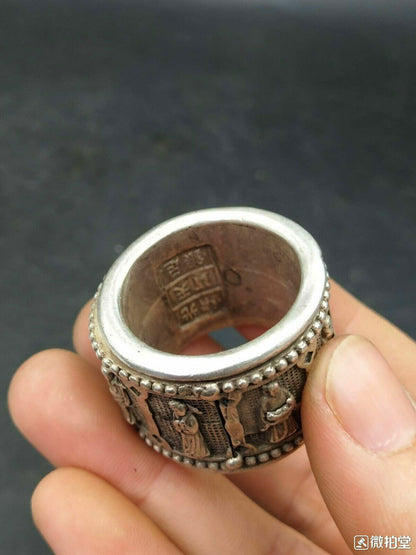 Chinese Old Tibetan Silver hand-carved Eight Immortals Ring