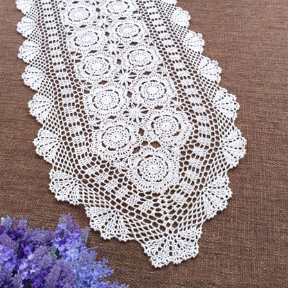 White Vintage Table Runner Hand Crochet Dresser Scarf Oval Lace Doily 15"x78"