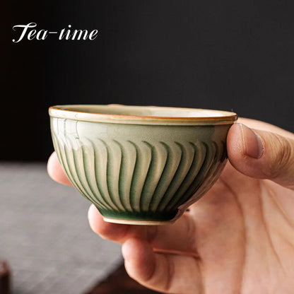 150ml Yue Kiln Relief Drum-shaped Celadon Tea Cup Master Cup Single Tea Set