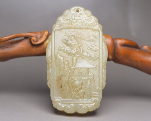 Chinese Natural Hetian Jade Carved Landscape Statues Exquisite Pendant Jewelry
