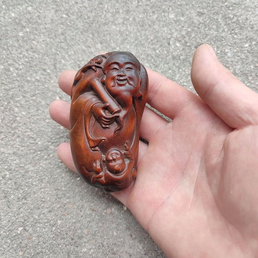 Chinese Boxwood Carving Buddha Statues Children Figurine Decor Wooden Ornaments