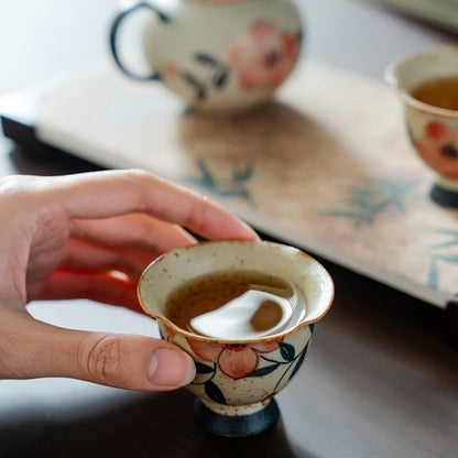 Handpainted Tea Pot Matching Tea Cup Ceramic Pot Ball Shaped Infuser Holes Tray
