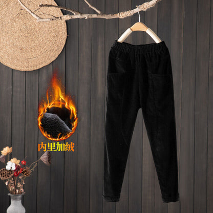 Women Elastic Waist Corduroy Pants Winter Warm Fleece Loose Cargo Baggy Trousers
