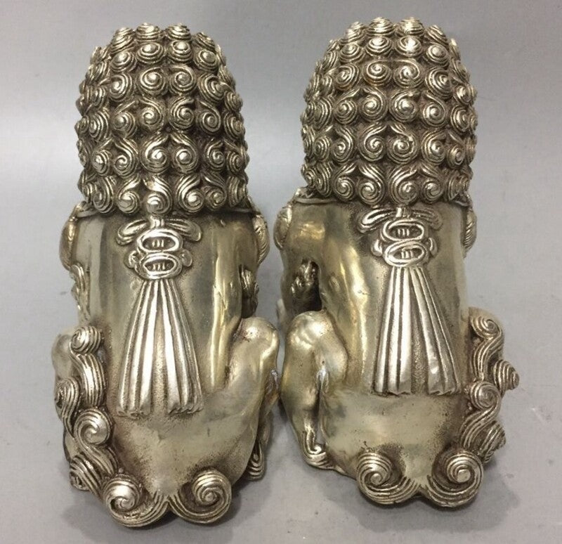 Pair Rare Silver Guardian Lion Foo Fu Dog Statue Collection