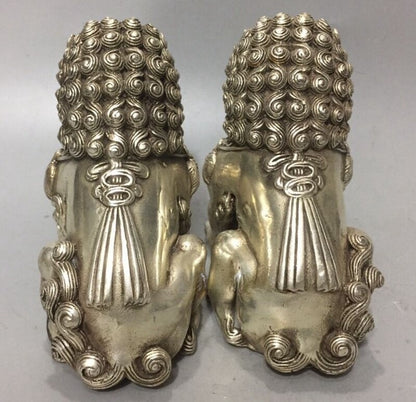 Pair Rare Silver Guardian Lion Foo Fu Dog Statue Collection