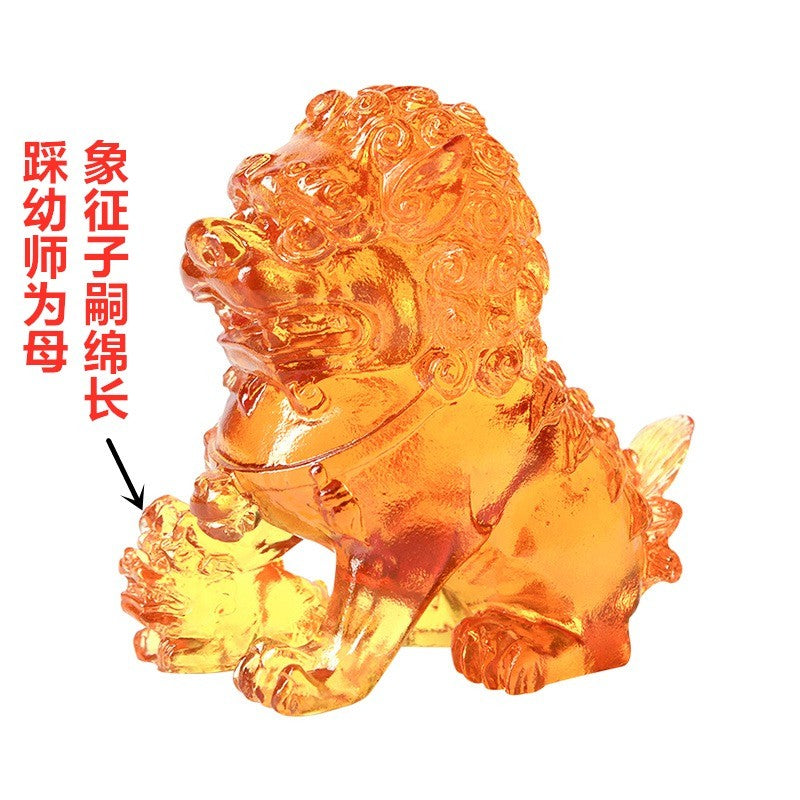 Pair Golden Liu Li Crystal Lion Statue Guardian Foo Fu Dog Artwork Home Decor
