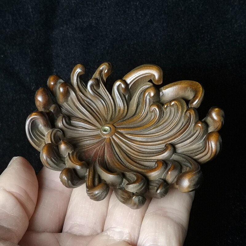 Chinese Boxwood Hand Carved Chrysanthemum Flower Incense Stand Decoration