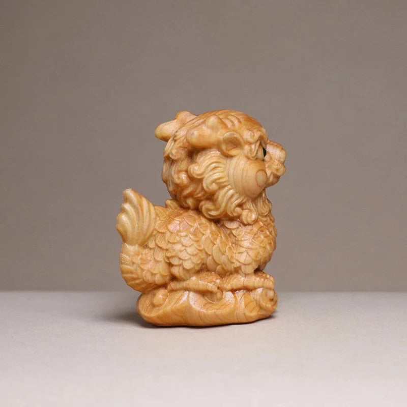 5.5cm Cliff Cypress Wood Kirin Mascot Statues Tea Pet Chinese Home Decoration