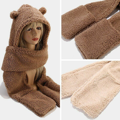 Women Fluffy Scarf Hat Gloves Set Warm 3In1 Hooded Cartoon Bear Cute Ears Winter