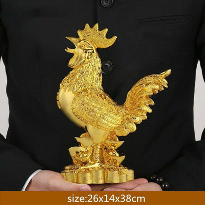 Chicken Figurine Gold Plating Lucky Cock Home Decoration Resin Statue 26x14x38cm