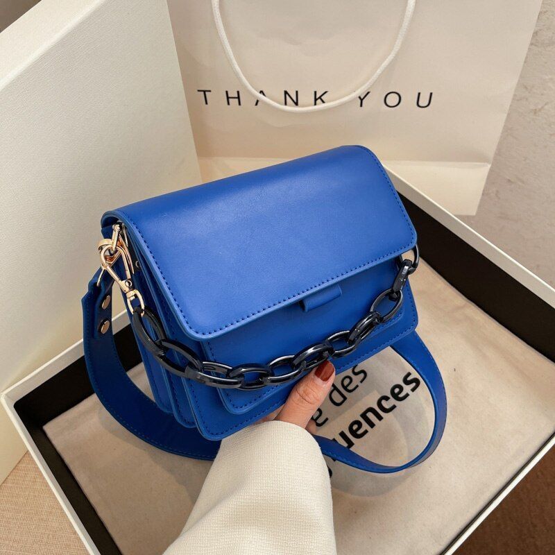 Synthetic Leather Flap Crossbody Handbag Small Shoulder Purse 19*7.5*14.5CM Blue