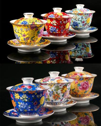 Tea Set Ceramic Gaiwan Floral Tea Cup Lid Saucer Tea Bowl Cup Chinese Porcelain