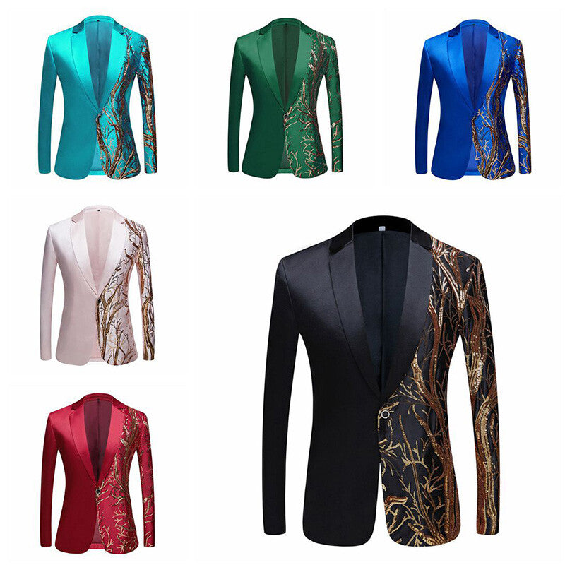 Men Shiny Sequin Tree Branch Dress Jacket Blazer Suit Top Stage Wedding Party