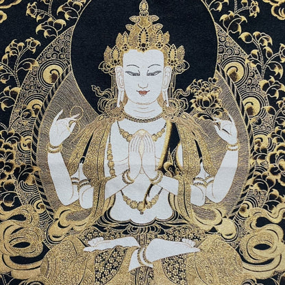 35" Decor Silk Cloth Embroidery black gold 4 Arm kwan yin thangka Mural guanyin