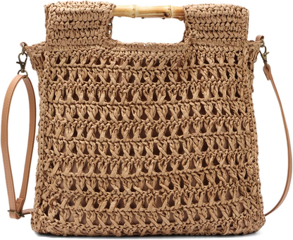 Handmade Women Straw Handbag Summer Beach Drawstring Rattan Top Handle Purse