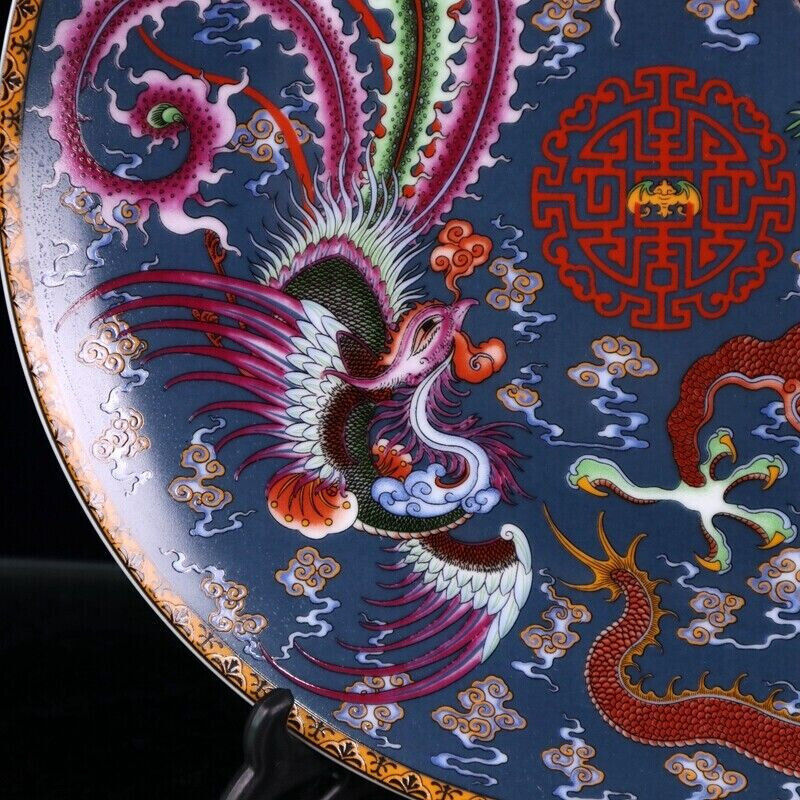 Old Chinese powder color porcelain Dragon phoenix plate Qianlong Mark