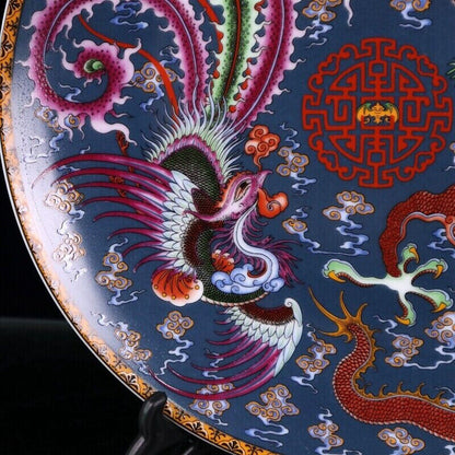 Old Chinese powder color porcelain Dragon phoenix plate Qianlong Mark