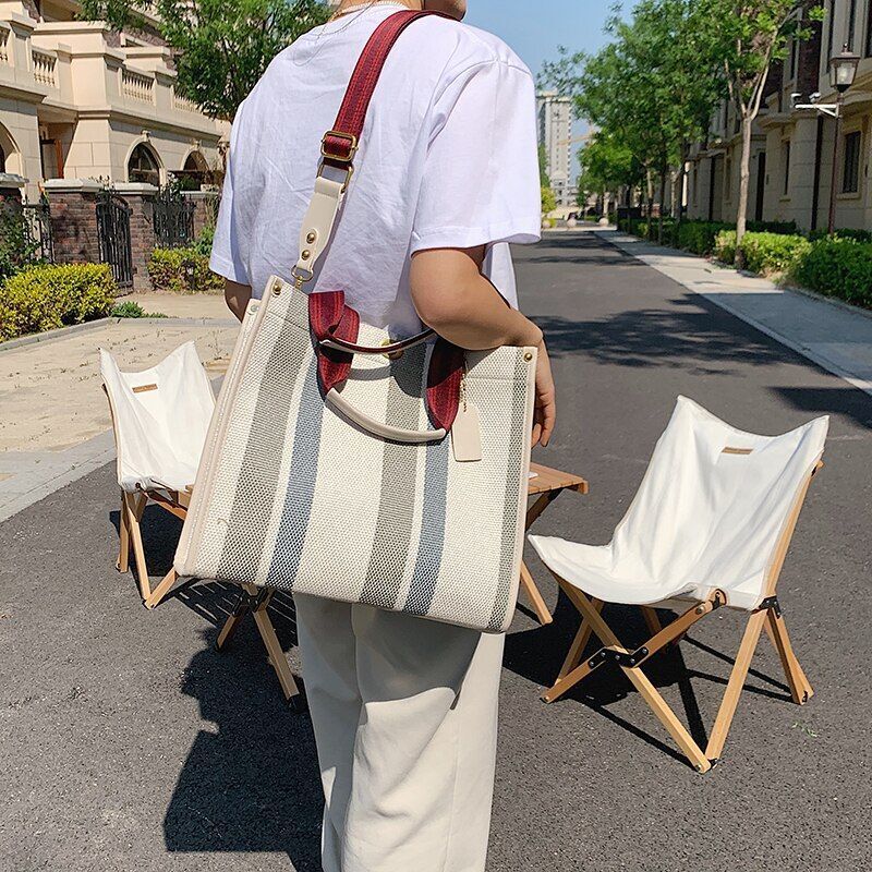 Large Tote Bag Casual Canvas Handbag Wide Shoulder Strap Bag Trendy Shoulder Bag