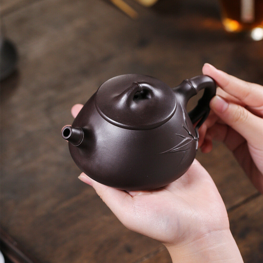 Full Handmade Tea Pot Bamboo Carved Marked Real Yixing Zisha Old Purple Clay Pot