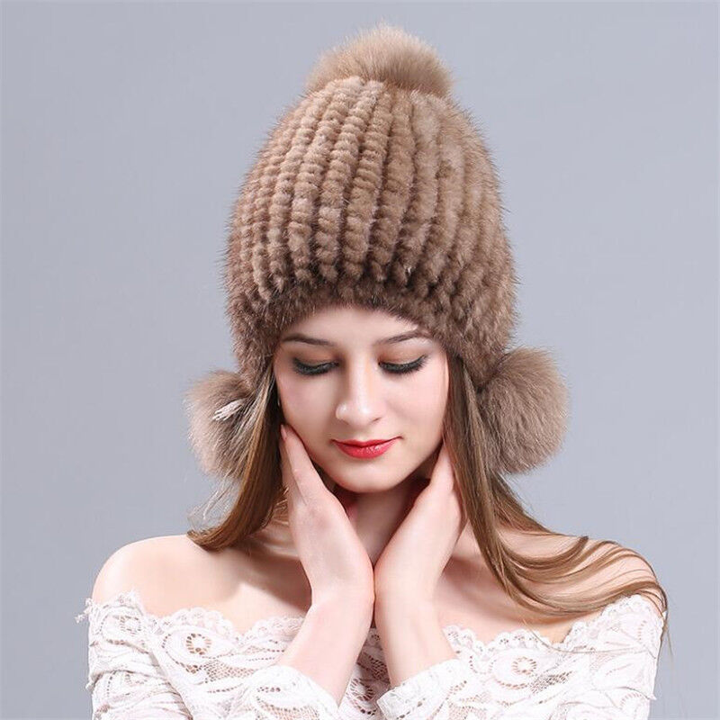Winter Graceful Women Mink Fur Hats Real Knitted Fur Caps with Fox Fur Earflaps