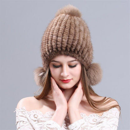 Winter Graceful Women Mink Fur Hats Real Knitted Fur Caps with Fox Fur Earflaps