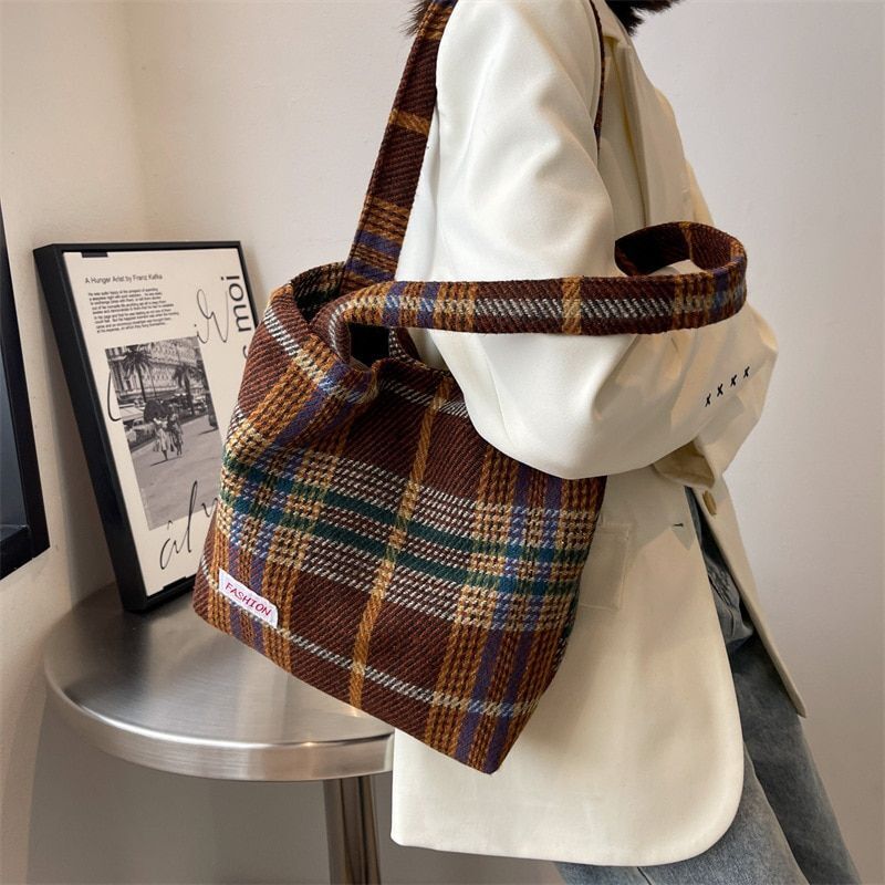 Tote Shoulder Bag Large Capacity Soft Plaid Travel Handbag 31*28*10 CM Green 1PC