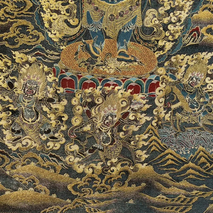 35" Tibetan Buddhism Embroidery Black Jambhala Six Arm Mahakala Buddha Thangka