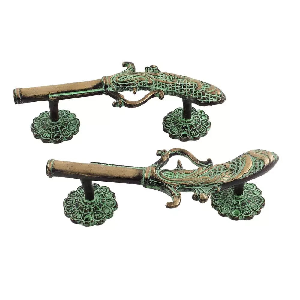 Set of 2 Antique Look Green Patila Brass Pistol Gun Decorative Door Handles
