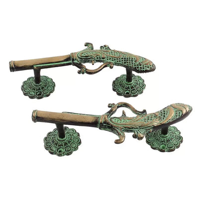 Set of 2 Antique Look Green Patila Brass Pistol Gun Decorative Door Handles