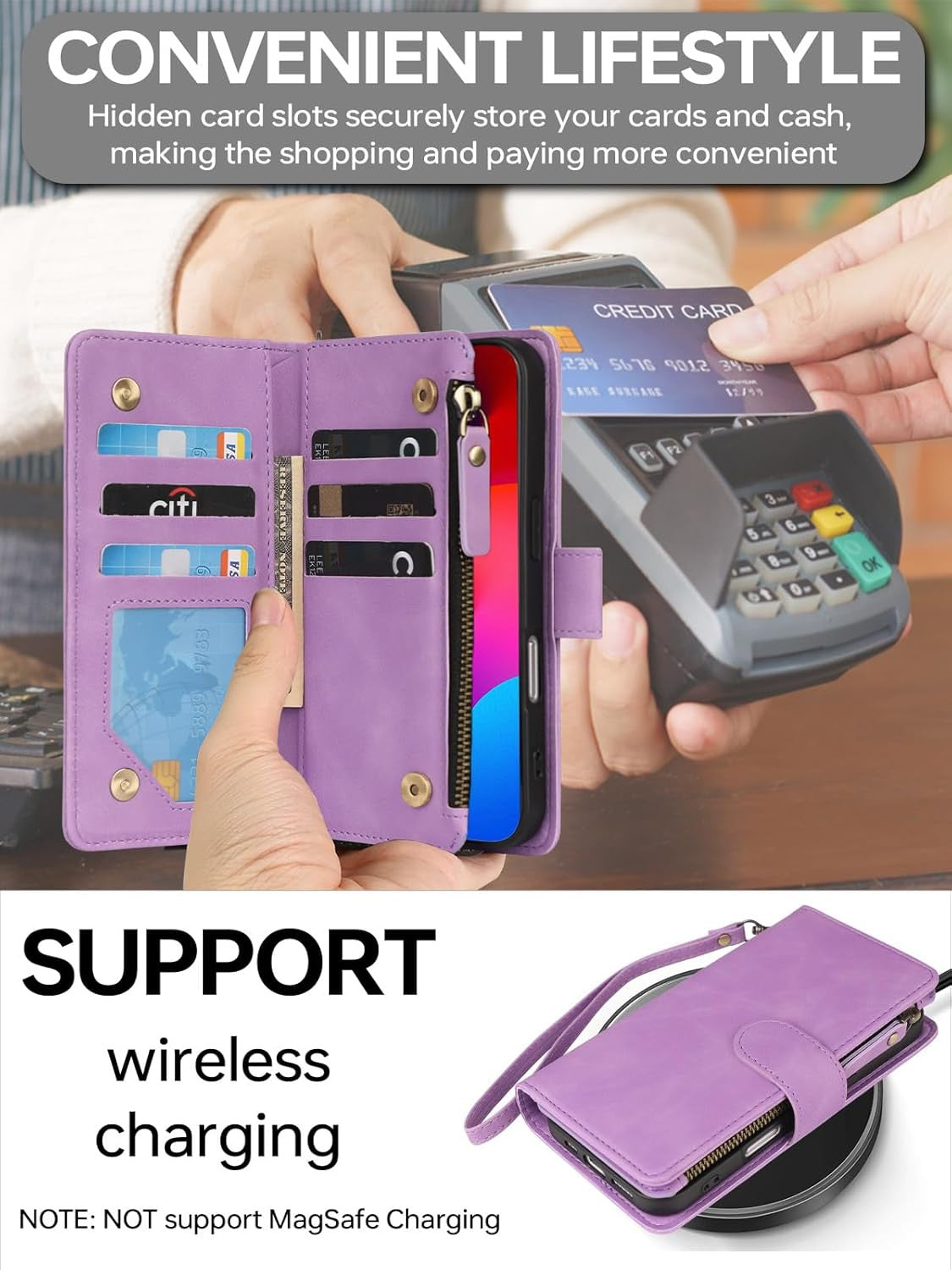 Wallet Case Compatible with Iphone 17, 6 Card Holder with RFID Blocking, PU Leat